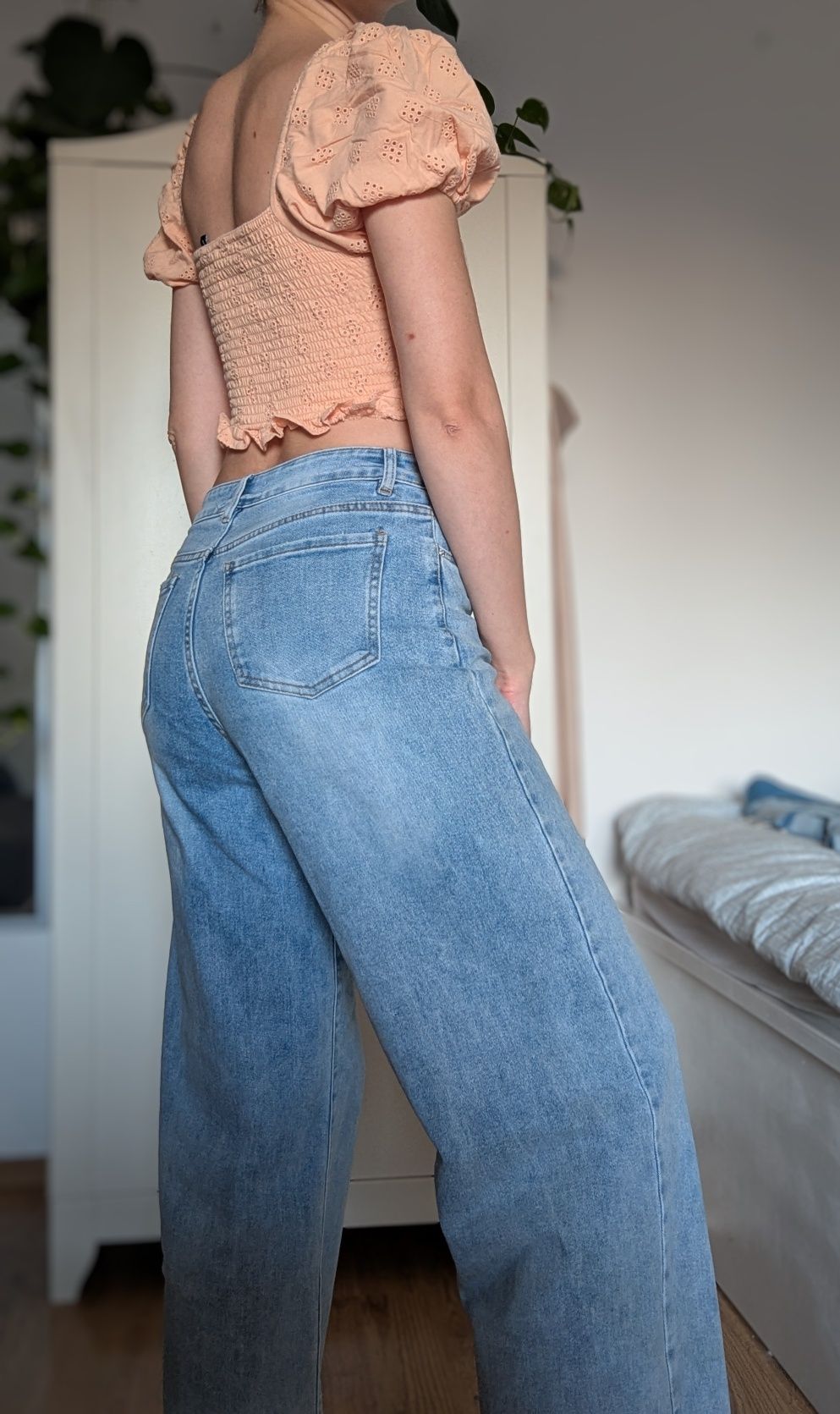 Bluzka crop top różowa brzoskwiniowa morelowa bufiaste rekawy XS baweł