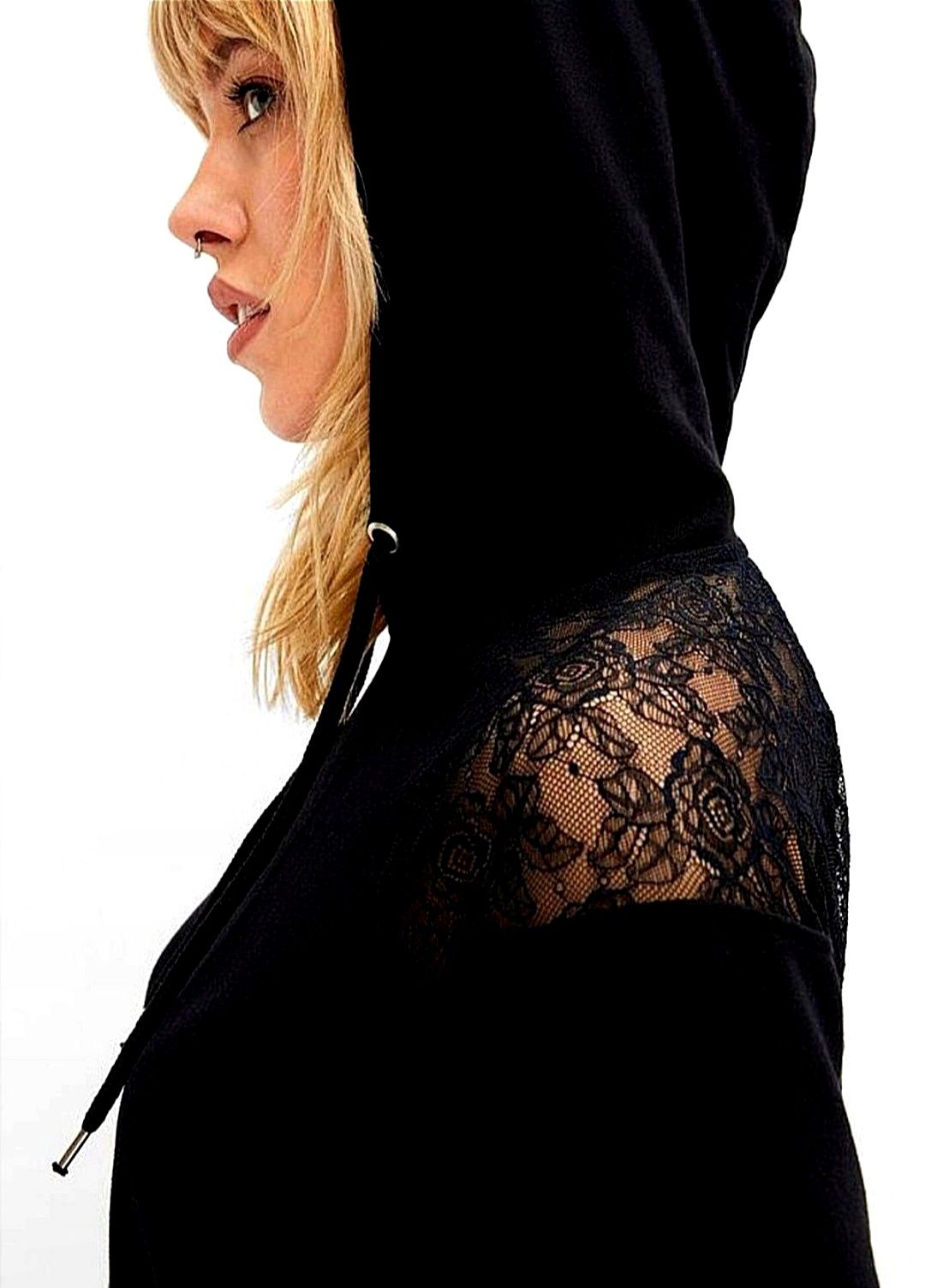 NOWA bluza r. 52/54 z koronką i kapturem - czarna/ 100 % bawełna