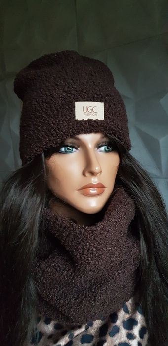 Komplet czapka i komin baranek UGC nowy czekoladowy