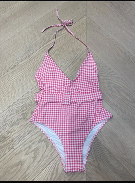 Strój jednoczęściowy kąpielowy asos S kratka pasek biało/różowy