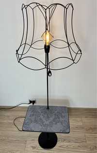 Lampa stojąca podłogowa z abazurem i stolikiem prl