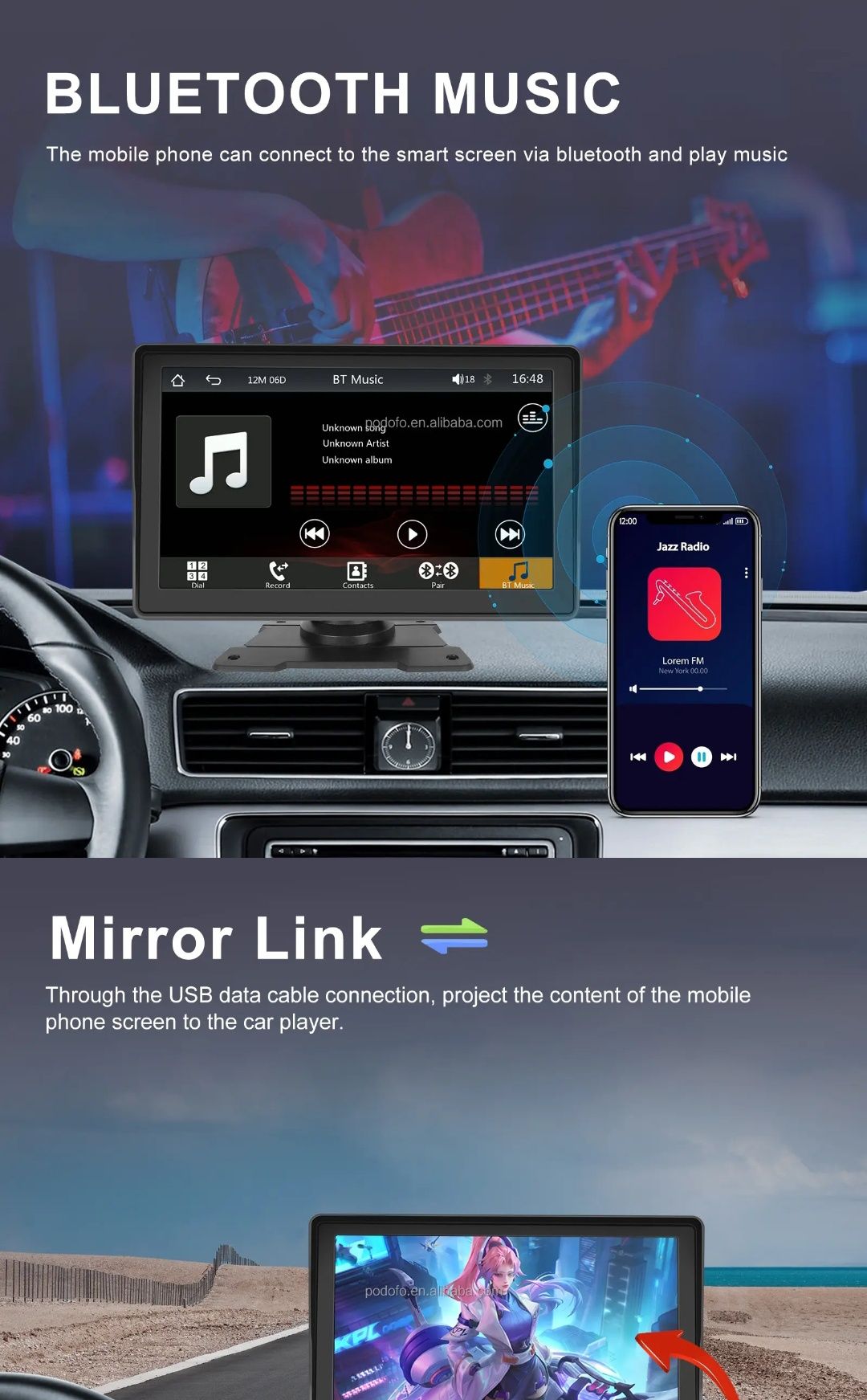 Rádio multimédia portátil Carplay Android Auto FM BT TF/USB/AUX novo