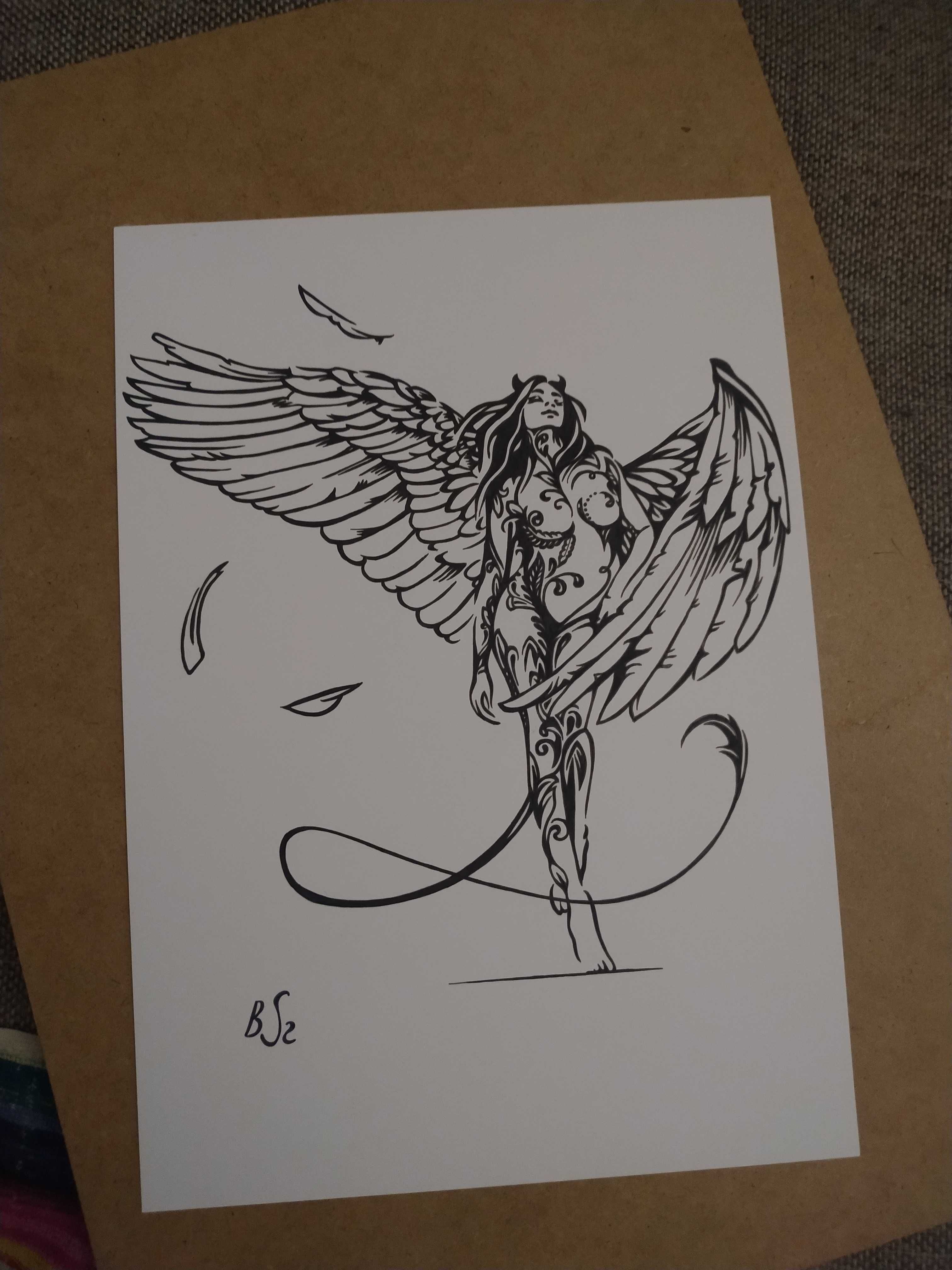 Rysunek, diabelski anioł, cienkopis - blok tech. A3, 250 g/m2