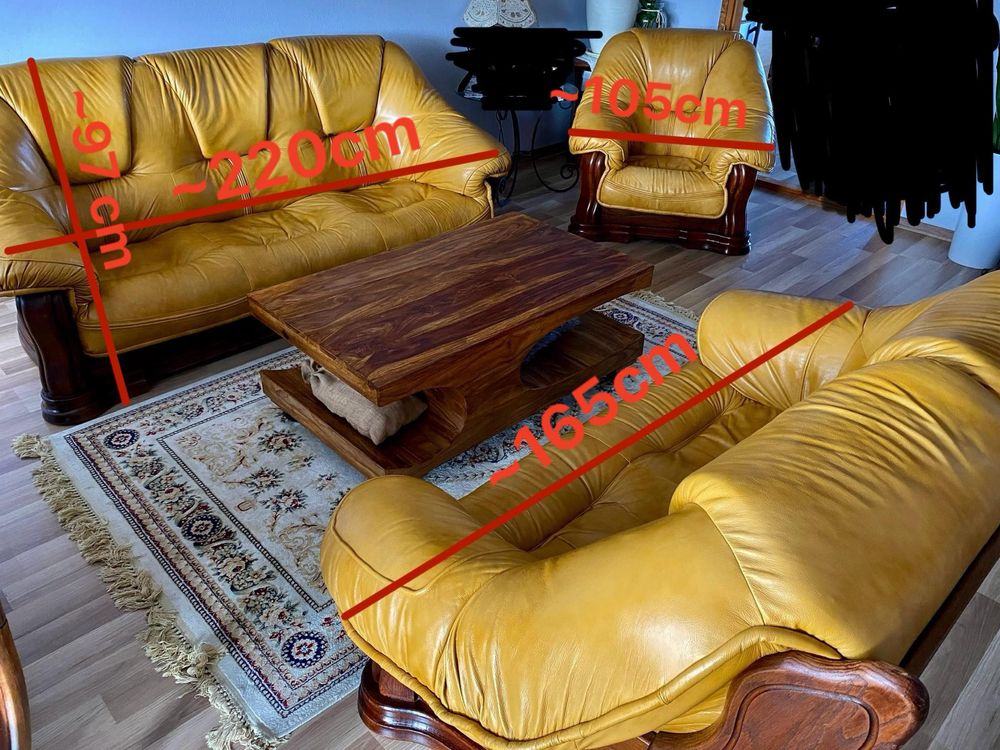 Komplet mebli salonowych - fotel, sofa, kanapa - skóra - drewno