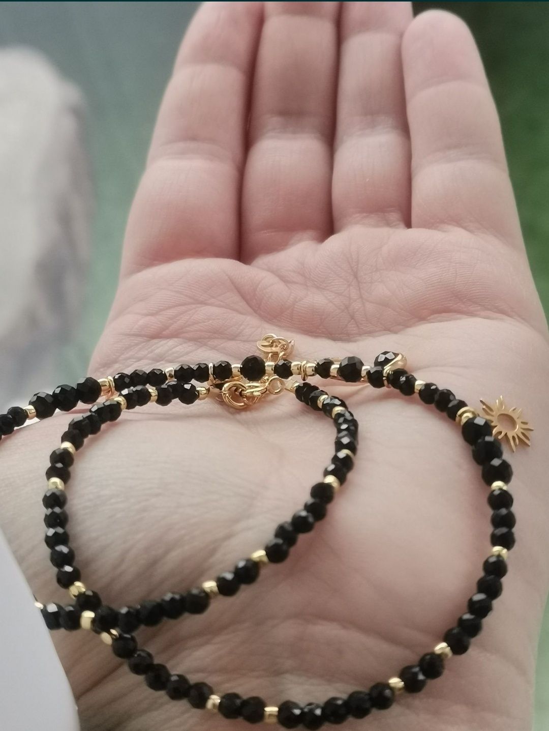Naszyjnik choker kamienie turmalin lunula słońce księżyc regulacja