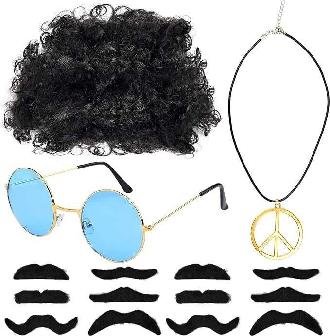 Kostium hipisowski- wąsy, okulary, naszyjnik
