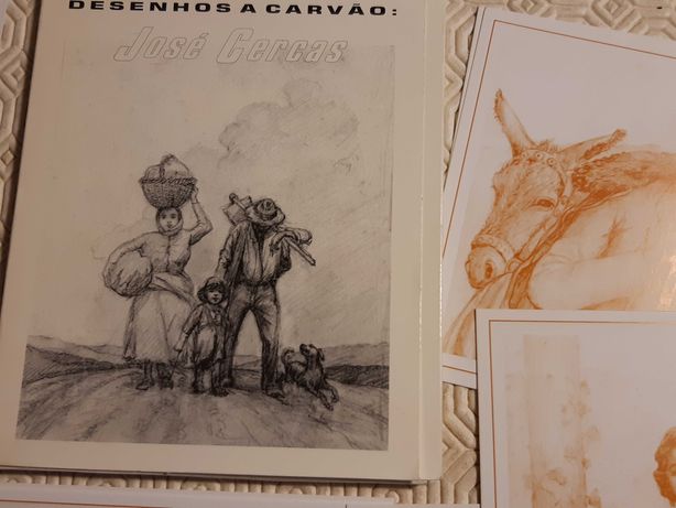 Desenhos a carvão de José Cercas e postais