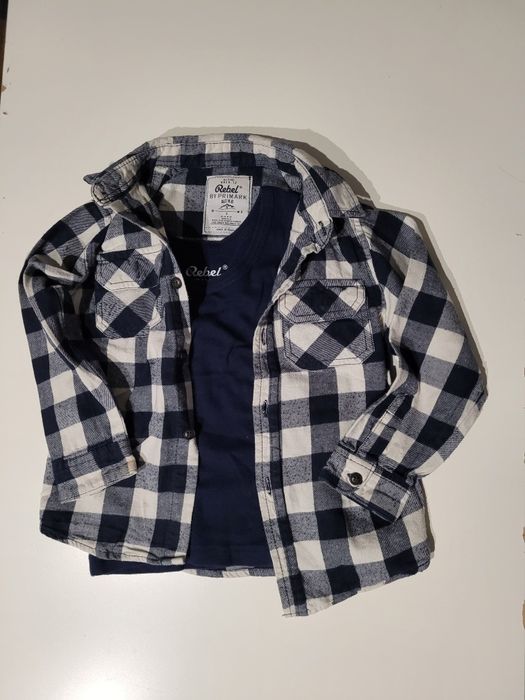 Koszula rebeliant 104cm 3,4 lata granatowa w kratke z podkoszulkiem gr