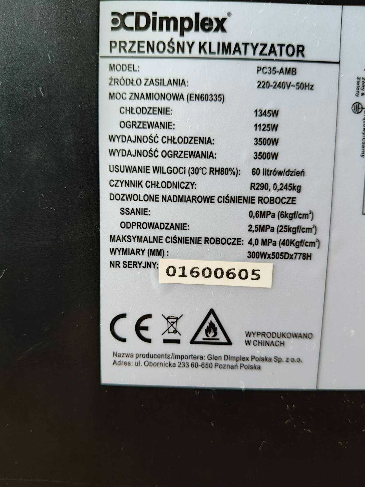 Dimplex PC 35AMB 3500W do 40m² 4 tryby pracy klimatyzator przenośny