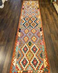 Tapete passadeira Kilim 395x85cm 100% feita à mão em lã natural (Nova)