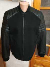 Топовая мужская шерстяная черная куртка бомбер с кожаными рукавами,  L