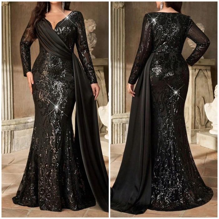 Cekinowa sukienka maxi 48 4 xl 46 3 xl z szarfa czarna długi rękaw