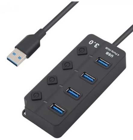 USB 3.0 концентратор на 4 порти Чорний USB-хаб HUB з вимикачами