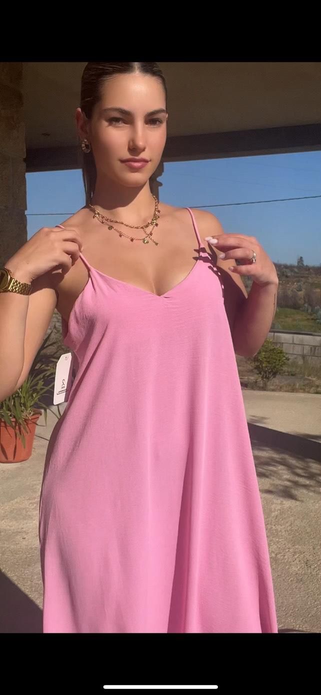 Vestido longo rosa fluido com alças finas – tamanho único