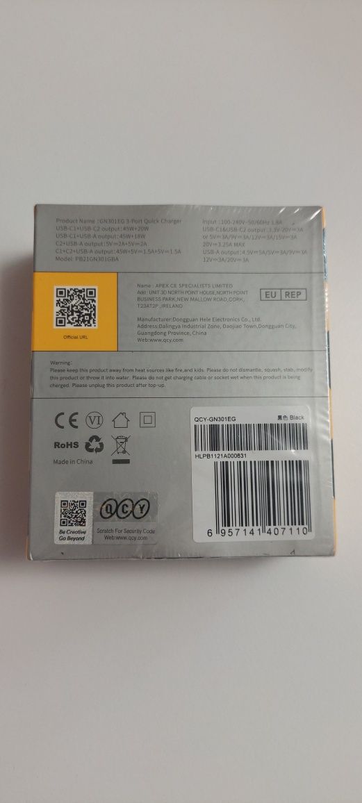 Ładowarka QCY GN301 GaN 65W z 3 Portami USB