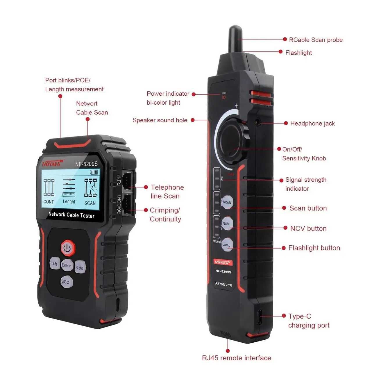 Тестер Noyafa NF-8209S мережевий кабельний тестер інтернет RJ-45