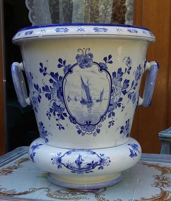 donica doniczka cache-pot DELFT wielka z podstawą antyk I poł XX