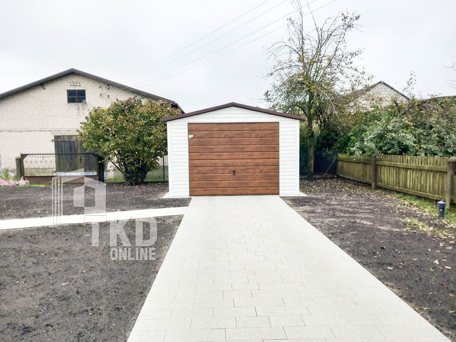 Garaż Blaszany 4X6 Brama 2X Okno - Biały + Ciemny Orzech  Tkd113