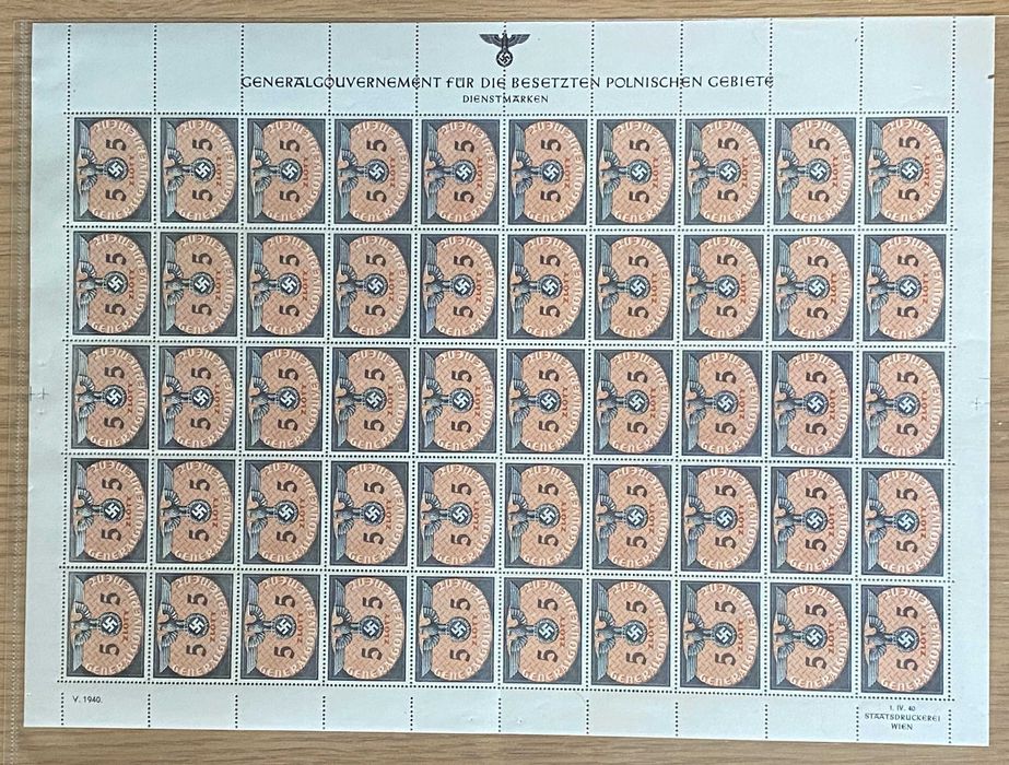 Znaczki GG Generalna Gubernia Urzędowe Arkusz 50 znaczków U15 z błędem