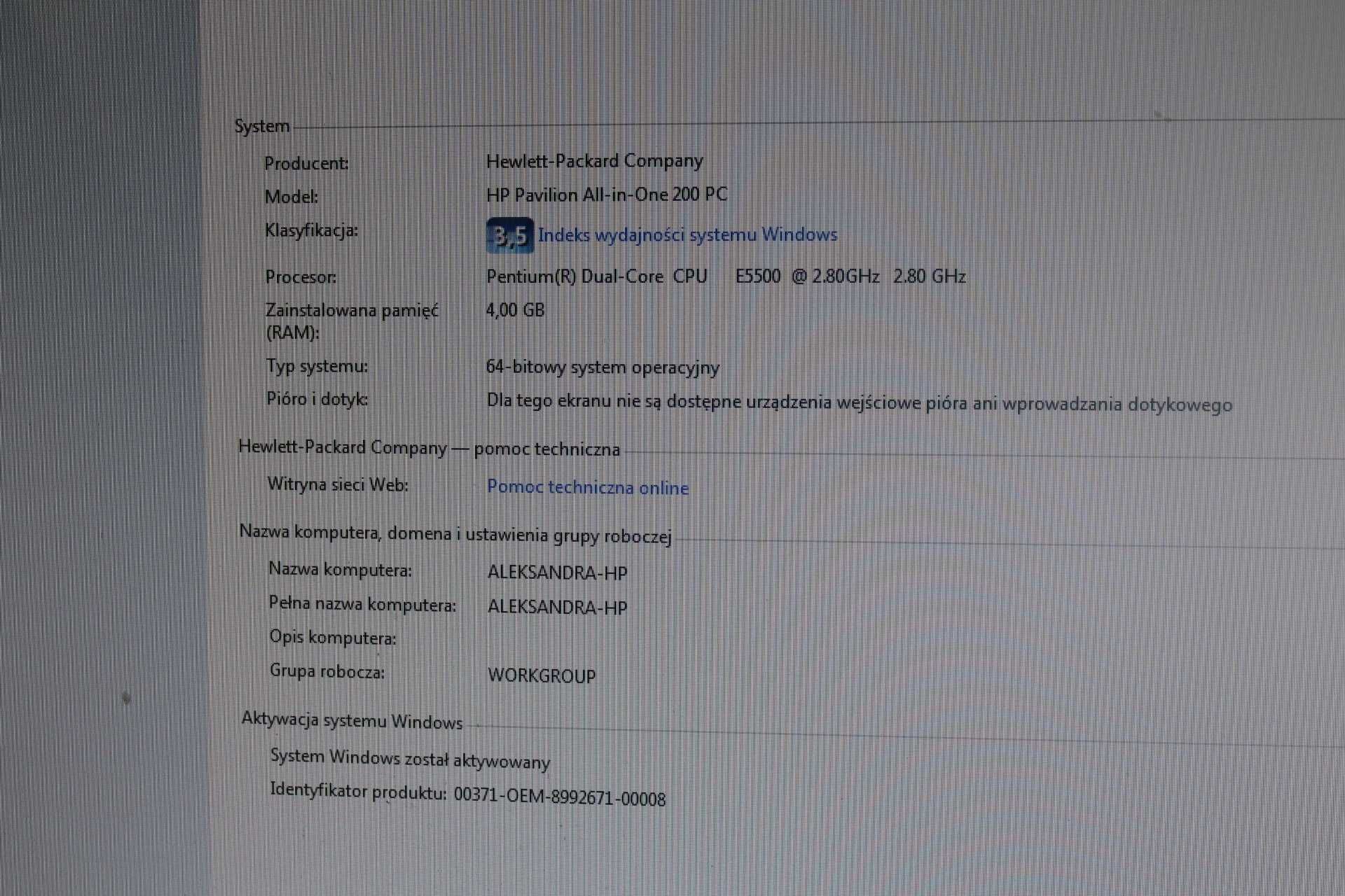 HP Pavilion All-in-One 21" Windows 7 Professional licencja