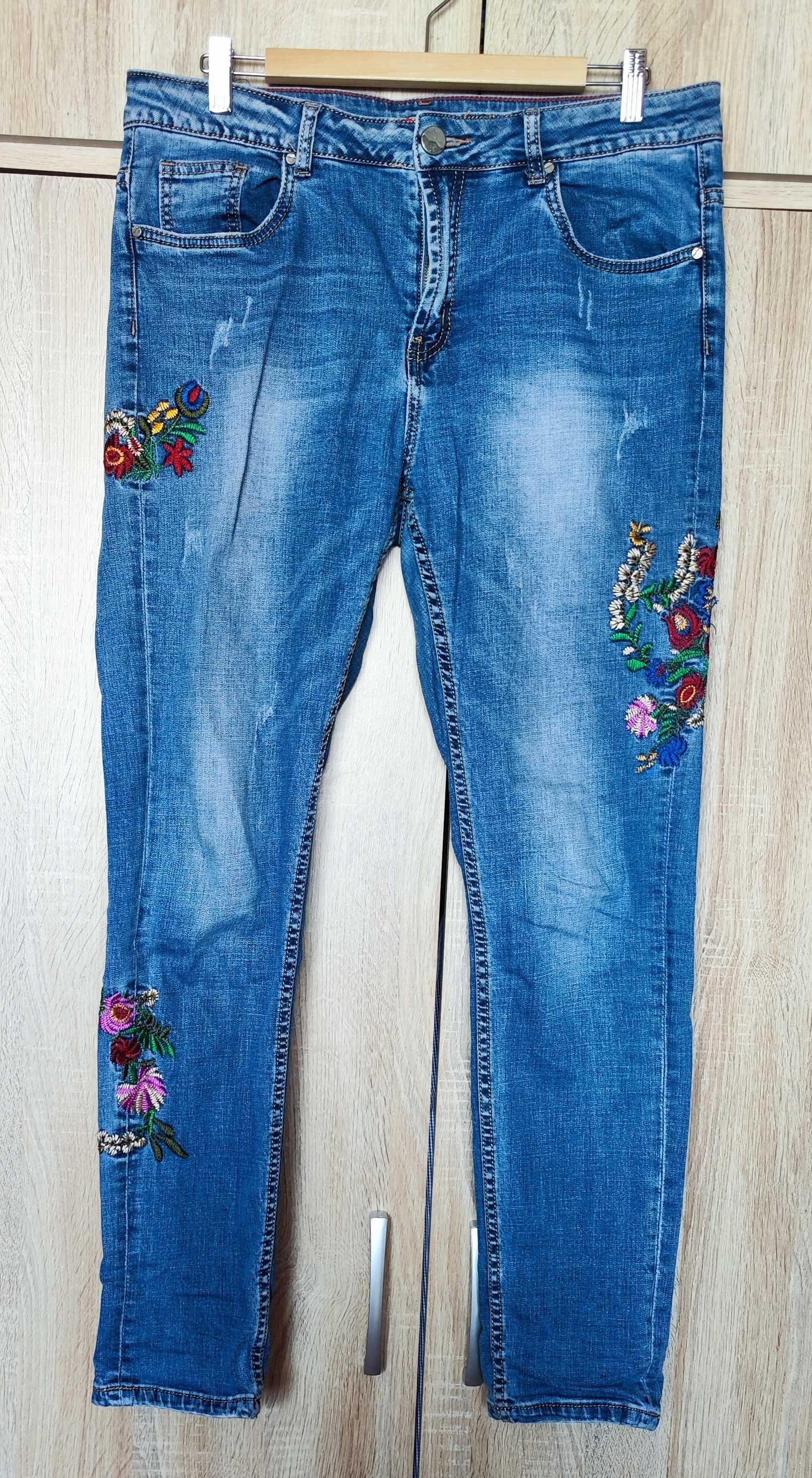 Avie jeansy hafty kwiaty floral rurki proste 42/44