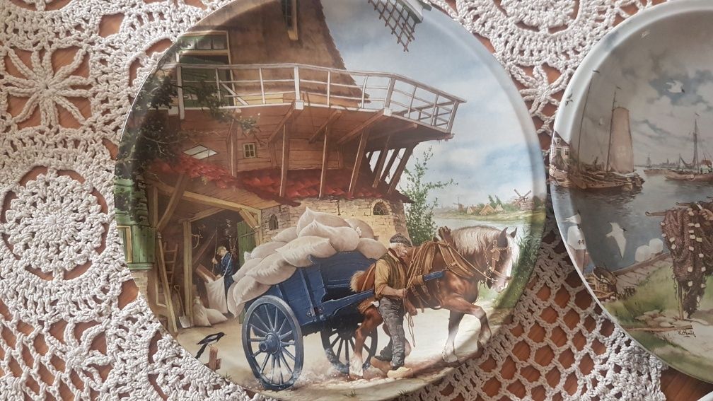 talerze ręcznie malowane Holandia stare wymierające zawody konie 25cm