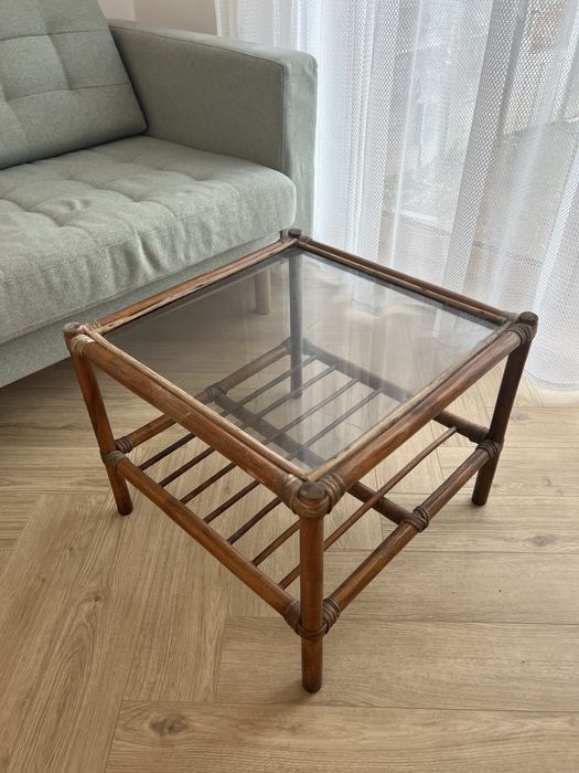 Rattanowy stolik z szybką vintage retro cottage