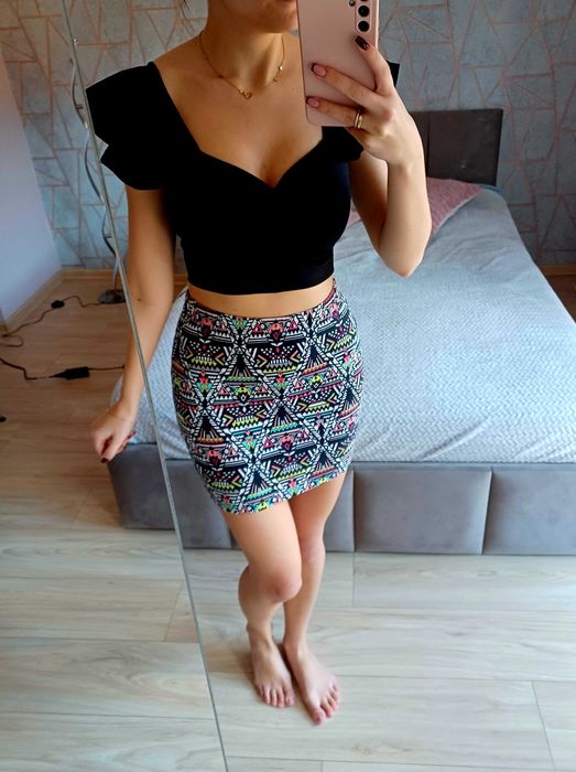Spódnica mini XS 34 spódniczka aztecki wzór krótka dopasowana ołówkowa
