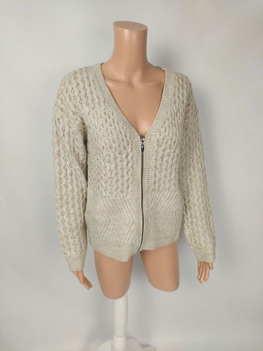 Beżowy sweter kardigan na suwak z fakturą z wełną Tu M 38