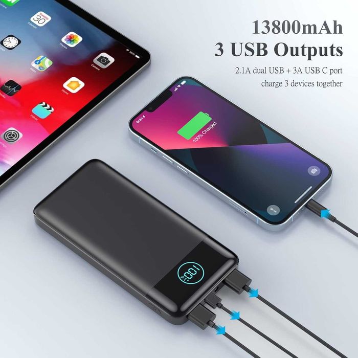 POWERBANK 13800mAh Przenośna ład. Kabel USB HX100K4 Czarny Latarka