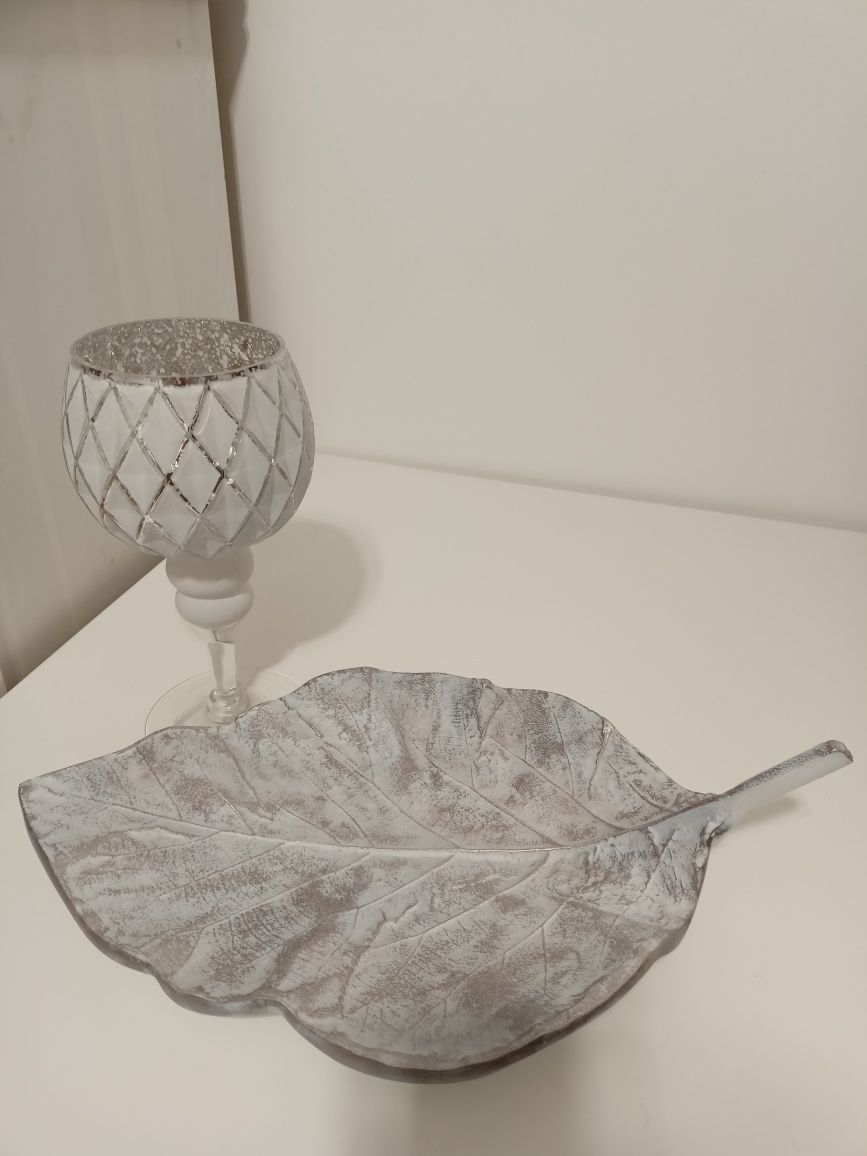 Liść ceramiczny srebrny, patera + kielich świecznik