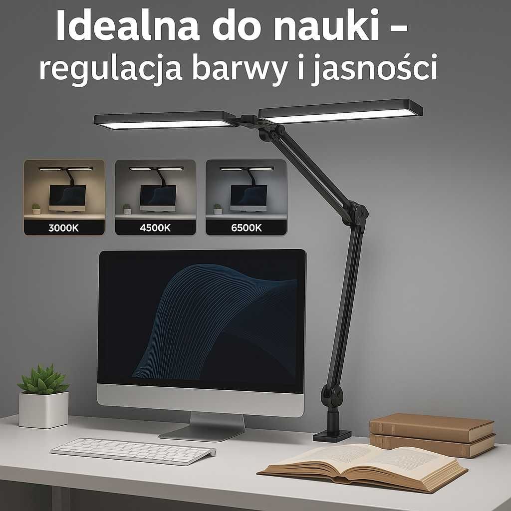Lampa kreślarska LED do biurka z regulacją jasności i barwy.