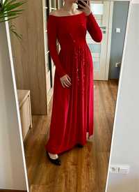 Czerwona długa sukienka balowa wieczorowa XS Tenezita długi rękaw