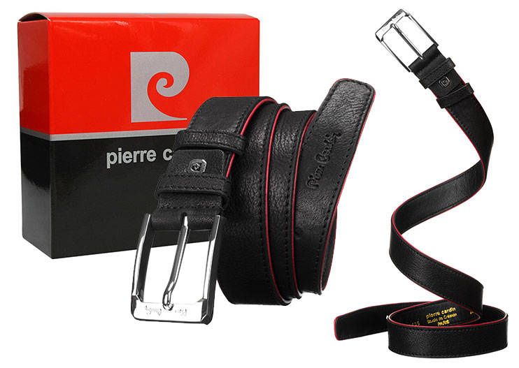 skórzany pasek męski z czerwonymi brzegami - pierre cardin 120