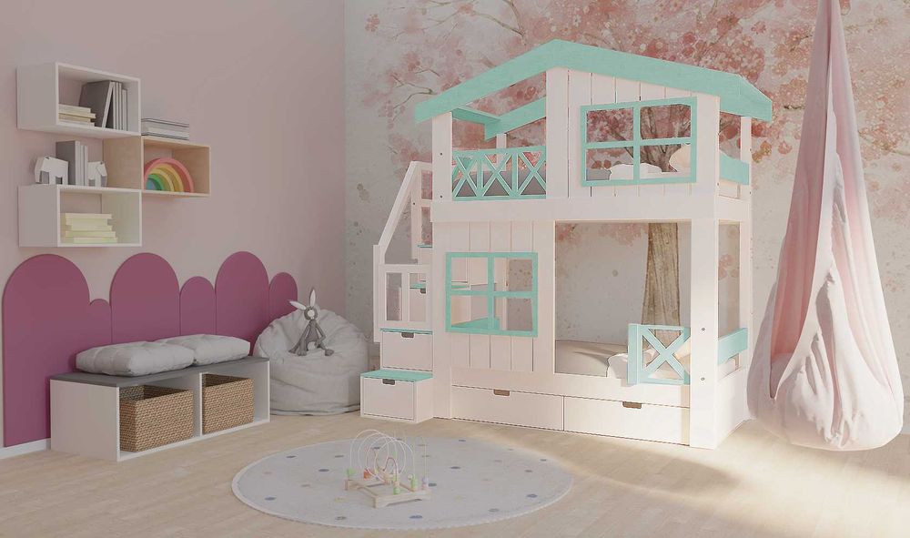 Łóżko piętrowe domek ze schodami Łóżko dla rodzeństwa