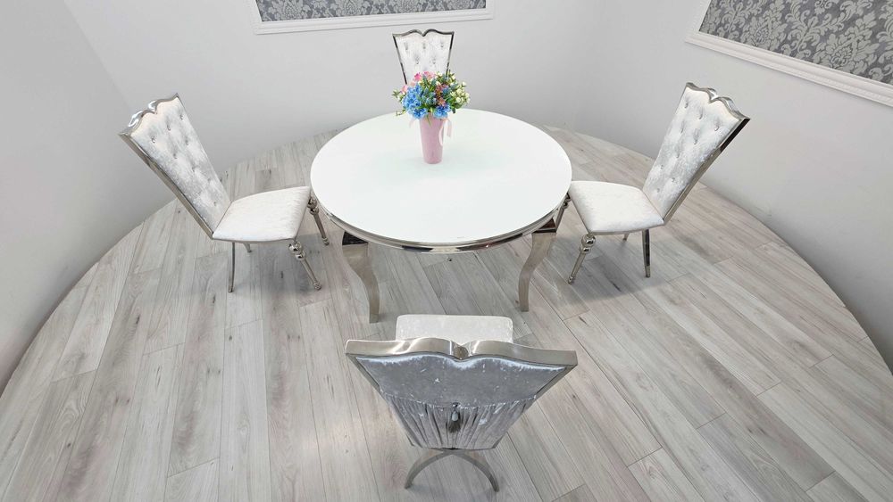 Jadalnia stół Ludwik 130cm, srebrny  + 4 krzesła LOVE "SNOW"