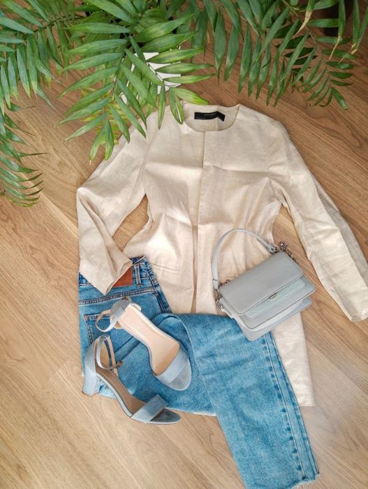 Zara Basic beżowy  płaszcz 100% len narzutka XS S old money