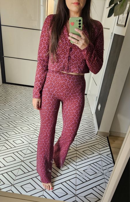 Nowy komplet damski sweterkowy spodnie dzwony i kardigan we wzory boho