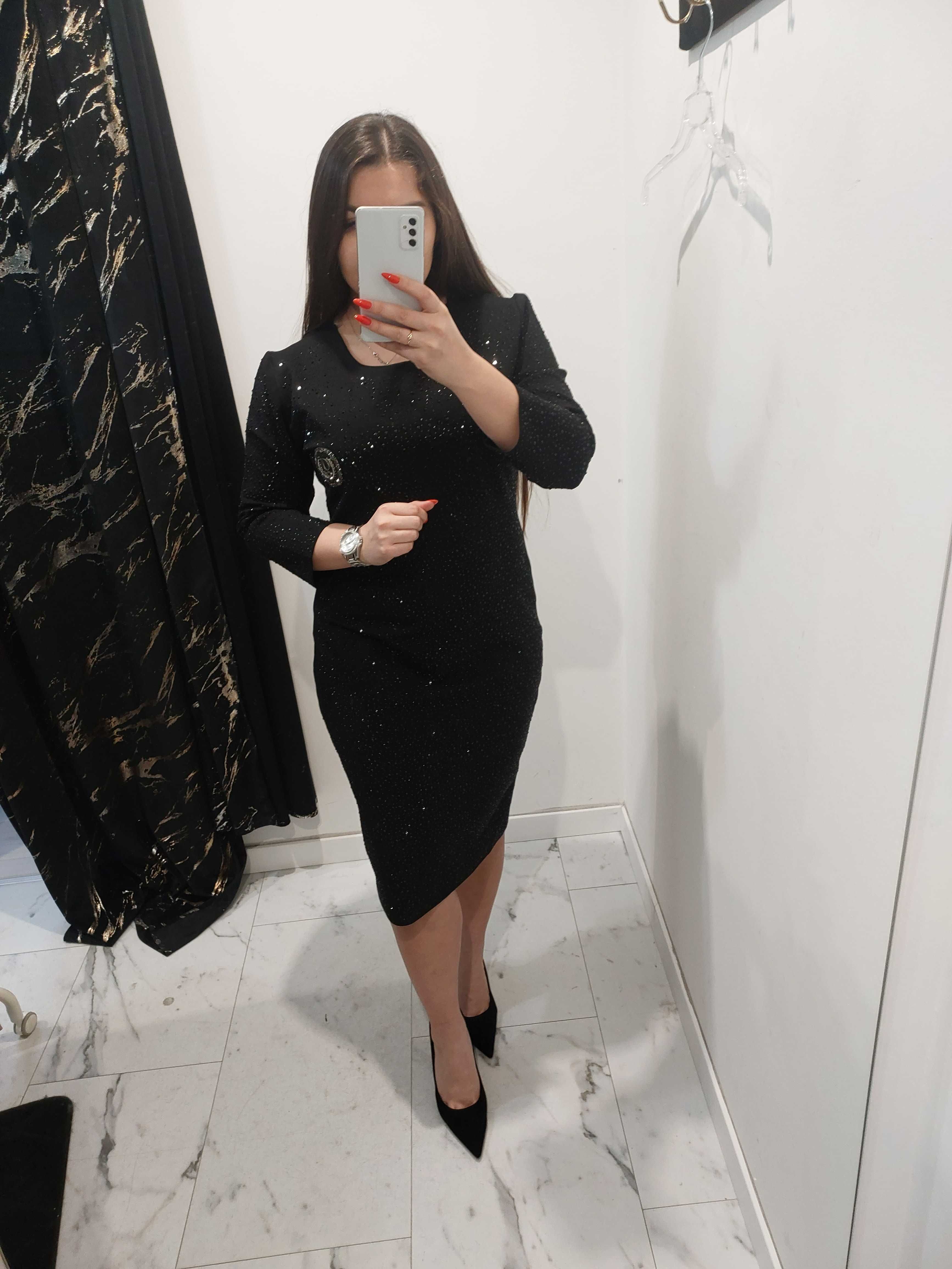 elegacnka sukienka mała czarna 44 diamenciki glamour  midi