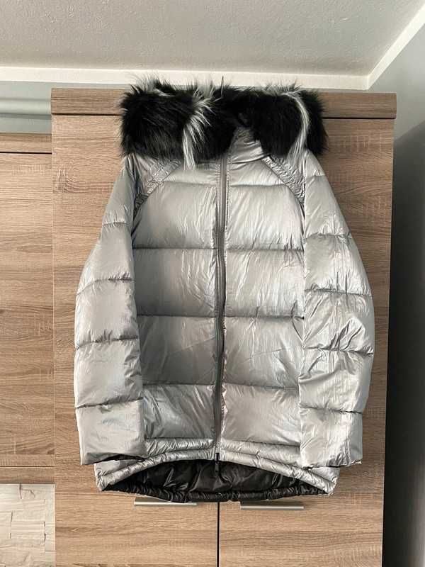 Kurtka damska puchowa dwustronna z kapturem M L oversize zimowa