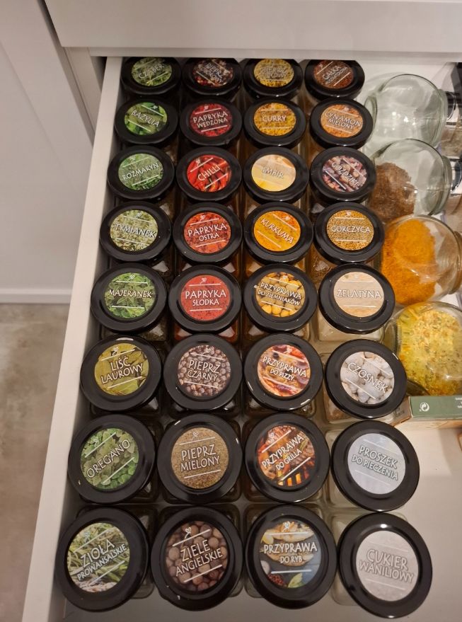 24x POJEMNIKI na przyprawy dżem przetwory 120 ml + kolorowe etykiety