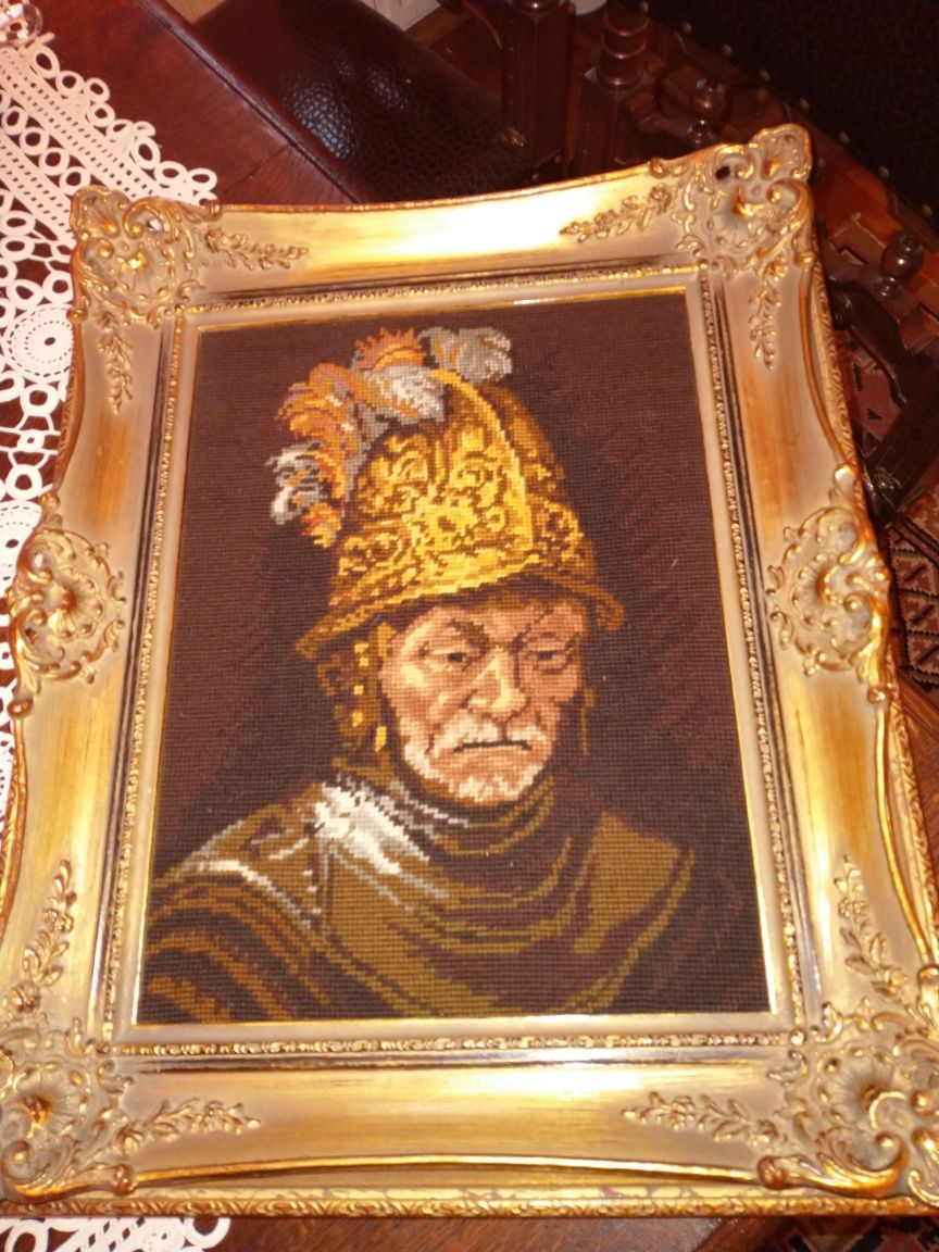 haft stary 45x55 cm. Na wzór Rembrandta w złotym hełmie,drewniana rama
