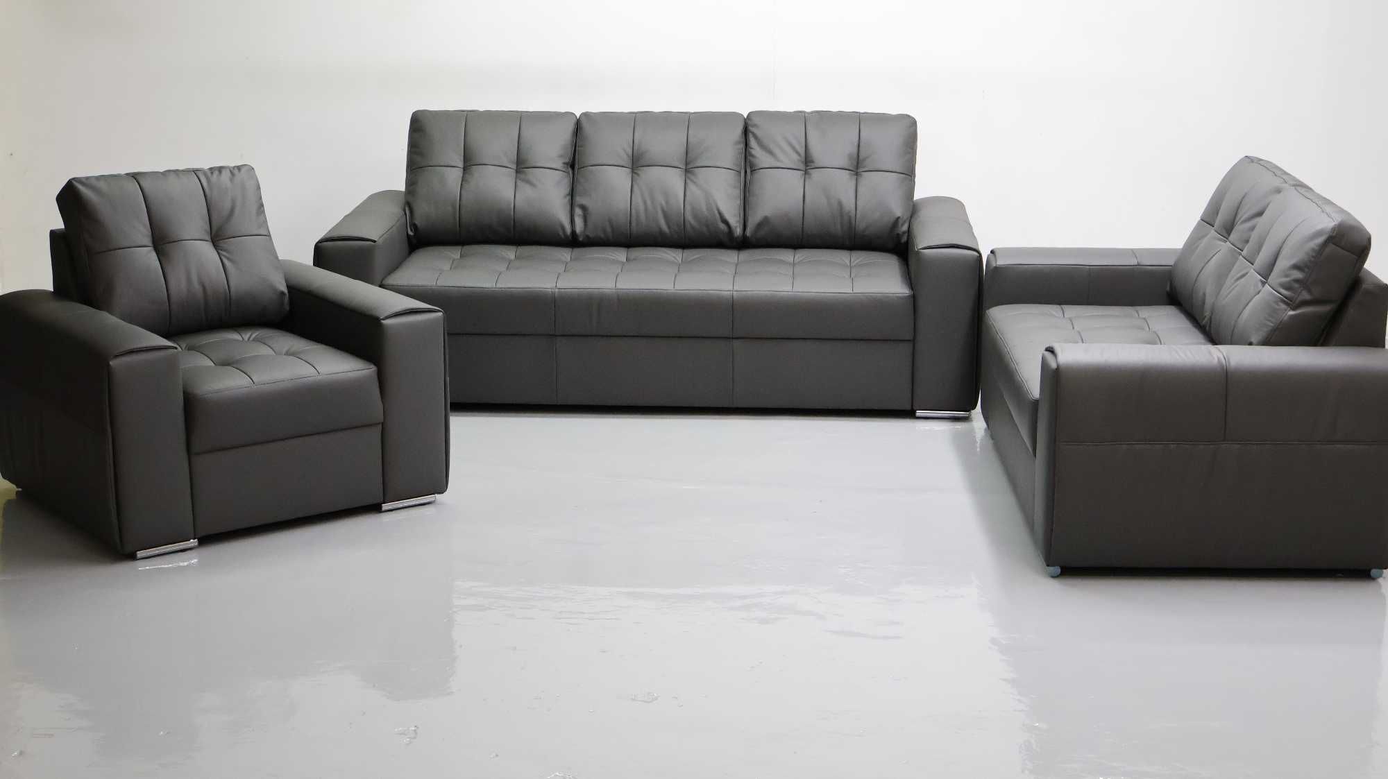 KOMPLET 3+2+1 sofy kanapy zestaw popielata SKÓRA naturalna 6492 w