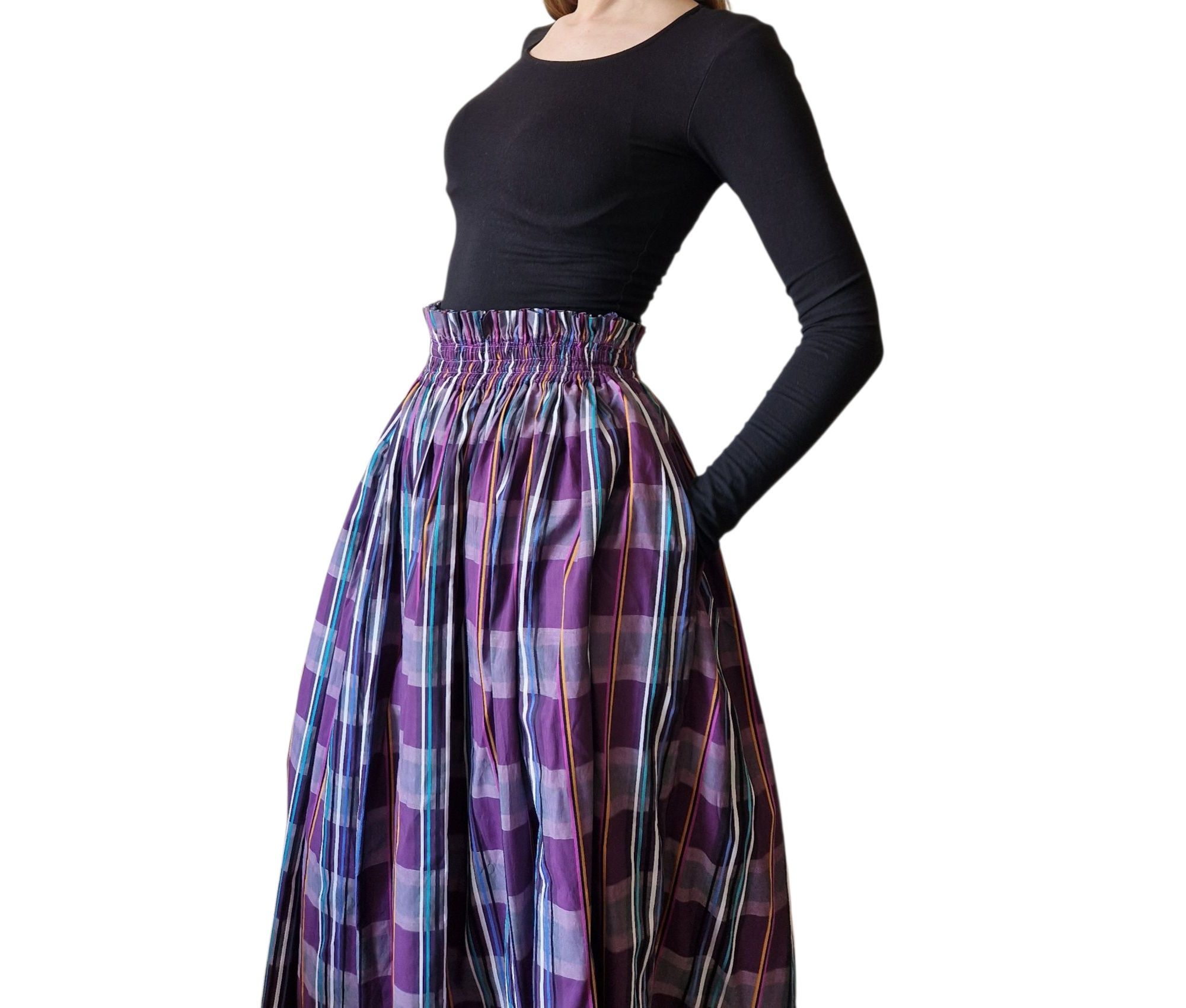 Spódnica retro vintage midi  fioletowa w paski M L