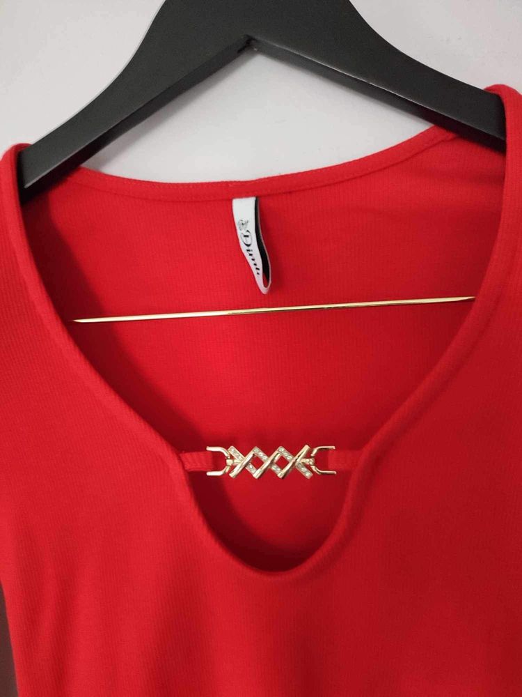 Czerwona bluzka damska,długie rękawy dekolt V,, prążek,zdobiona,r. Uni