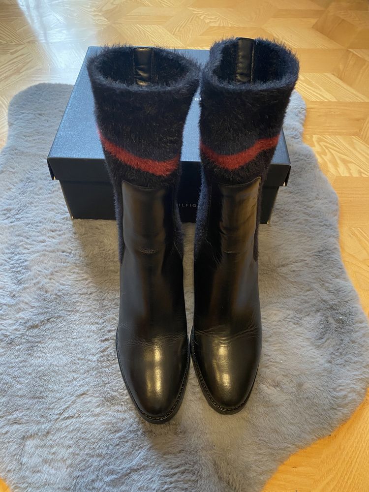 Buty nowe Tommy Hilfiger 39 38 botki czarne na obcasie ze skarpetą