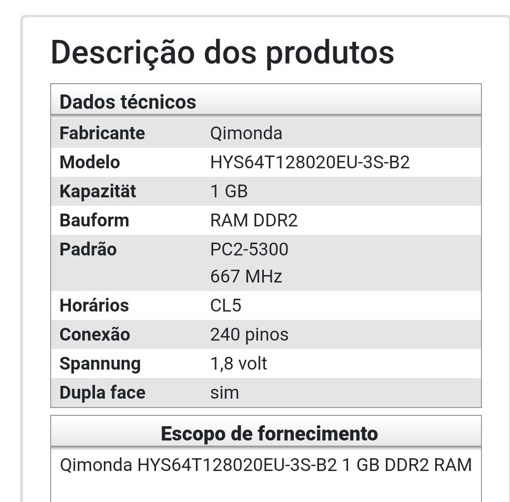 2 Memórias RAM PC  1gb Qimonda HYS64T128020EU-3S-B2 240 pinos Dimm DDR