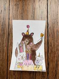 Kartka okolicznościowa urodzinowa zwierzątka tort miś królik myszka