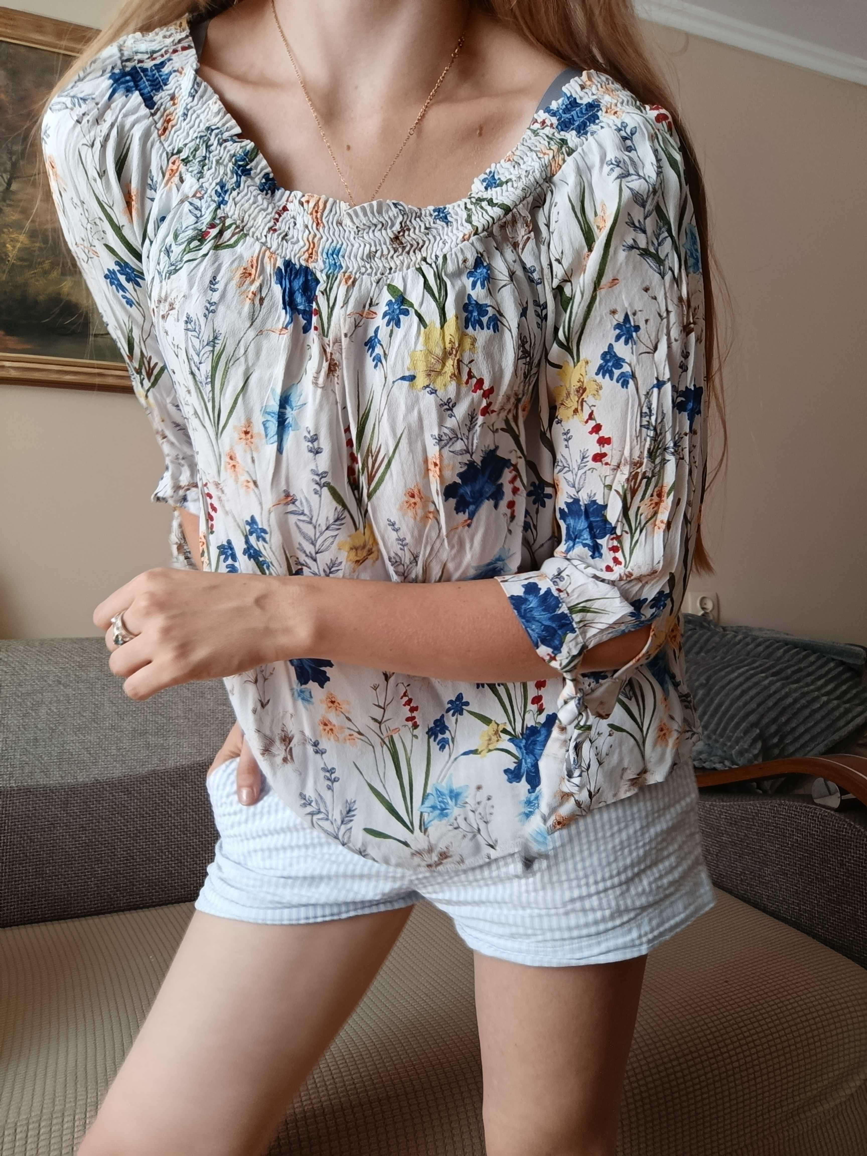 Bluzka hiszpanka M 38  w kwiatki Orsay biała w kwiaty chabry