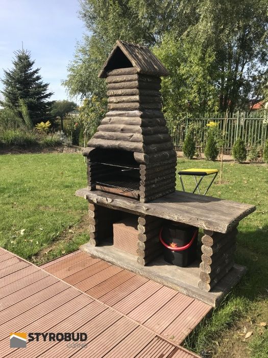 Grill betonowy węglowy z półką imitacja drewna grill rustykalny